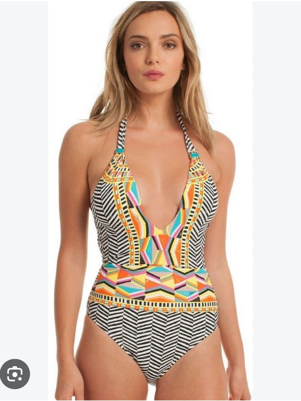 Trina Turk Brasilia V-Plunge Multicolor Geometric One-Piece Swimsuit - Women